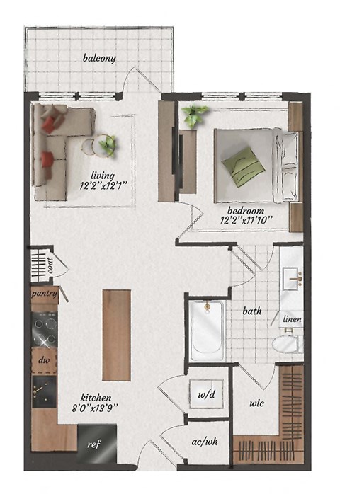 1 bedroom, 1 bath, 690 square foot A2B floorplan at St. Elmo Apartments in Austin, TX